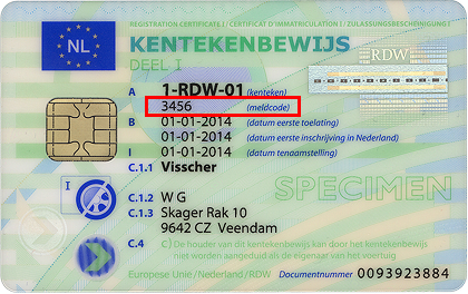 Voorbeeld van de locatie van de meldcode op een kentekenbewijs